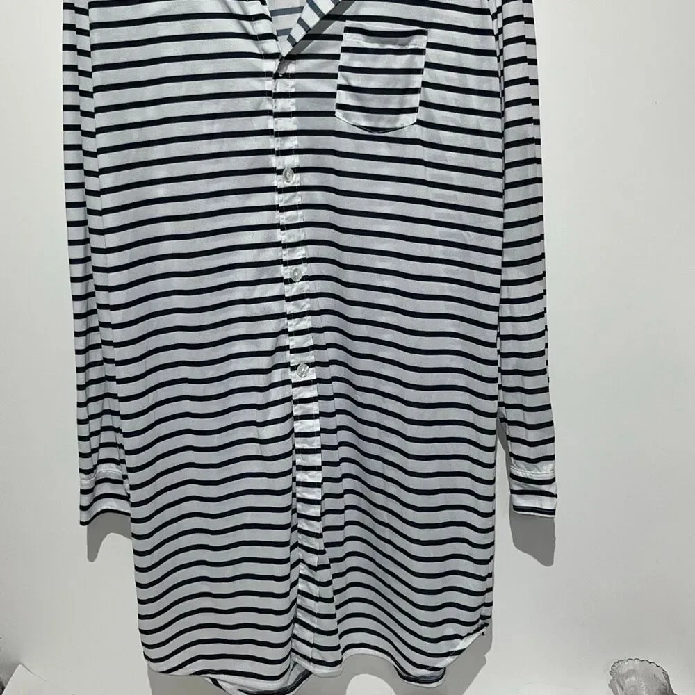 Hiho Womens Navy Blue White Striped Long Sleeve Button Down Beach Cover Up Large